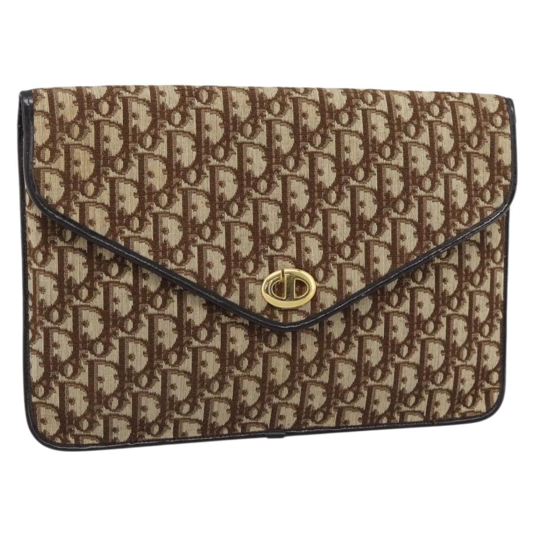 Christian Dior Trotter Canvas Beige Gold Clutch Bag France: Christian Dior Trotter Canvas Beige Gold Clutch Bag France Christian Dior clutch bag in beige and gold Trotter canvas, made in France. It features a compact profile with a structured clutch style and 