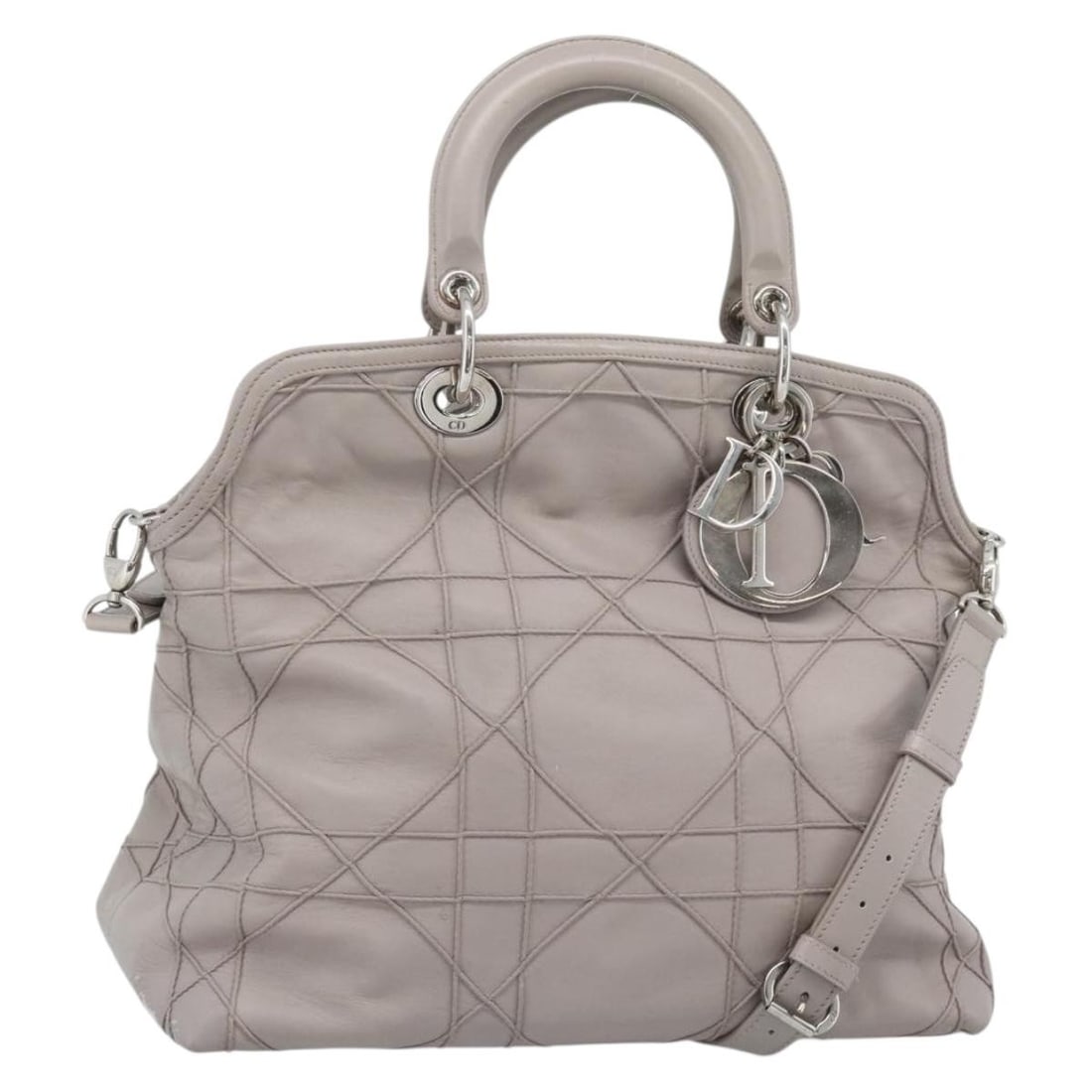 Christian Dior Granville Cannage Leather 2Way Handbag Gray Silver: Christian Dior Granville Cannage Leather 2Way Handbag Gray Silver Christian Dior Canage Granville 2-way handbag in gray and silver leather. This women's bag includes a shoulder strap and charm, and ha