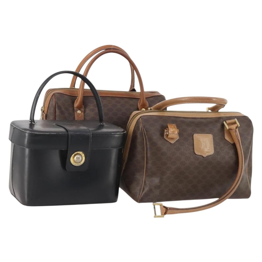 3 Piece CELINE Macadam Canvas Handbags in Brown and Black: 3 Piece CELINE Macadam Canvas Handbags in Brown and Black CELINE Macadam canvas hand bag set in brown and black, made with PVC leather and Macadam canvas. This special bundle offer is in heavily used 