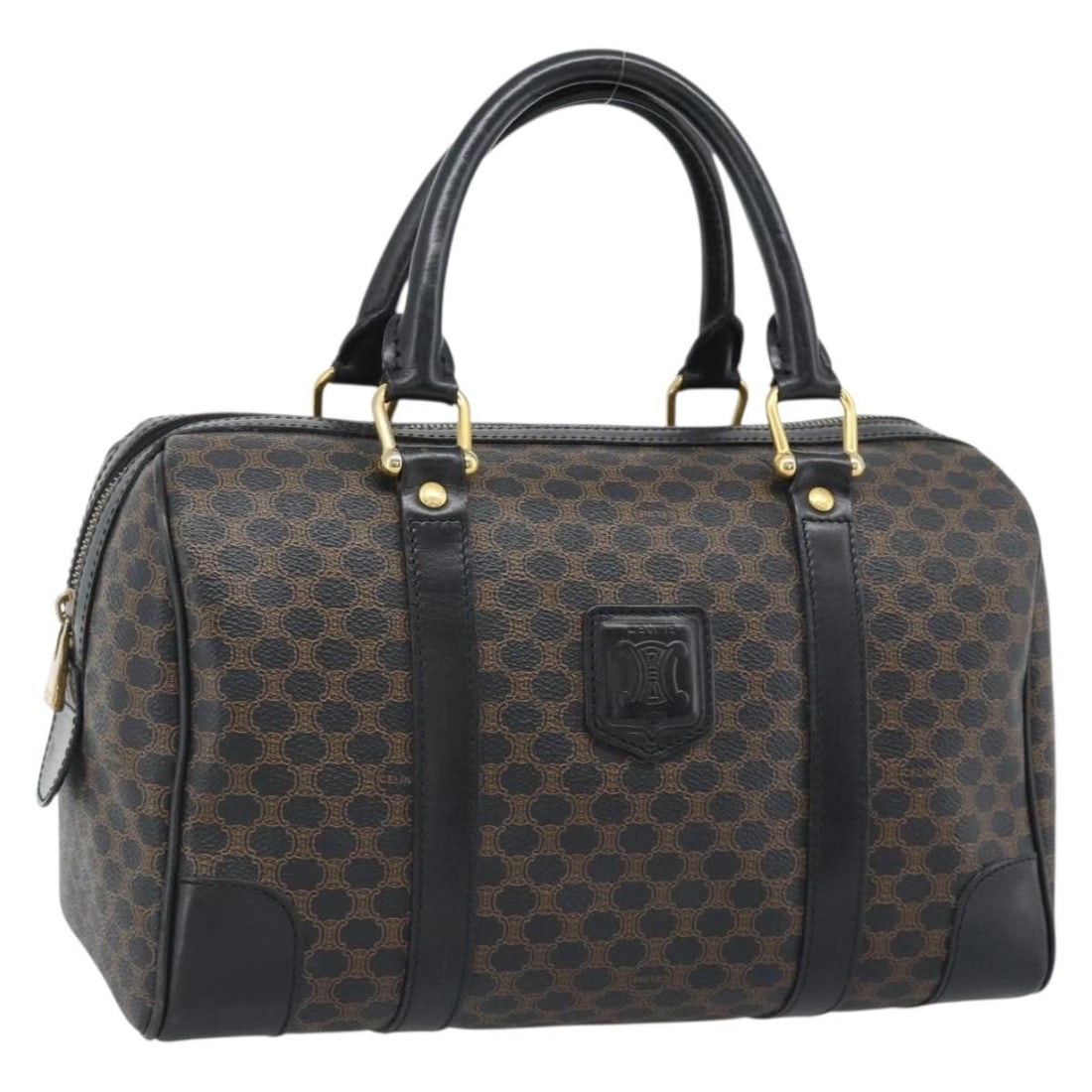CELINE Macadam Boston Bag Black PVC Leather Italy: CELINE Macadam Boston Bag Black PVC Leather Italy Authentic CELINE Macadam canvas Boston bag crafted in PVC leather with a black and gold colorway. This women's bag was made in Italy and includes only