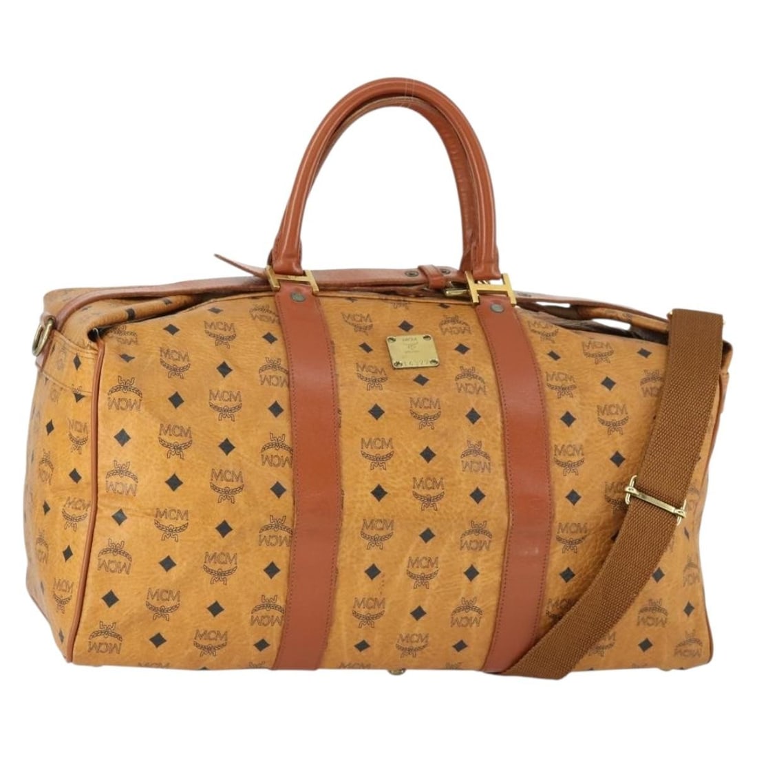 MCM Vicetos Logogram Brown Boston Bag PVC Leather with Shoulder Strap: MCM Vicetos Logogram Brown Boston Bag PVC Leather with Shoulder Strap This is an MCM Boston Bag featuring the iconic Vicetos logogram design. Crafted from PVC leather in brown and gold tones, the bag 