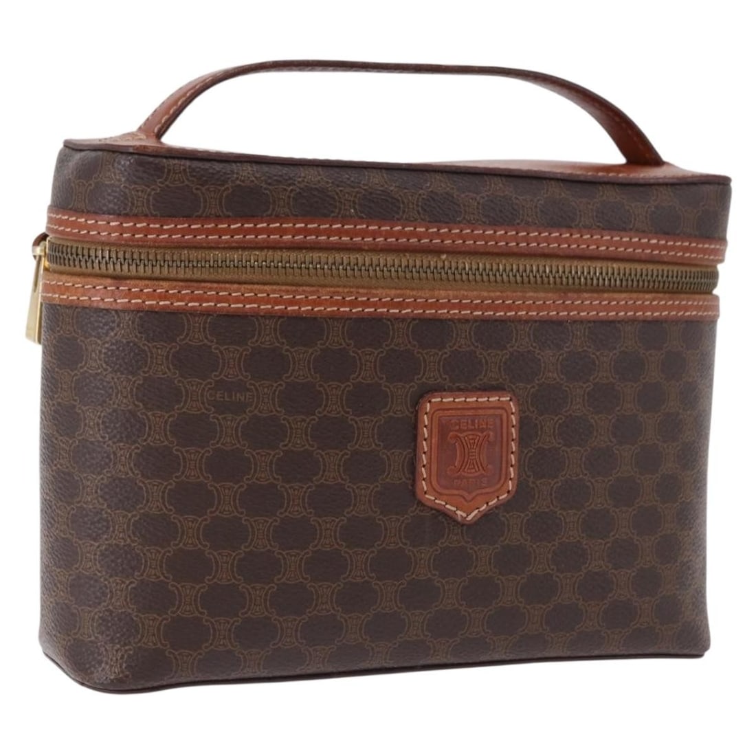 CELINE Macadam Mini Vanity Handbag Brown PVC Leather: CELINE Macadam Mini Vanity Handbag Brown PVC Leather A brown and gold mini vanity hand bag in PVC leather and Macadam canvas, made in Italy. The bag measures approximately W21 x H15 x D7 cm, with a ha
