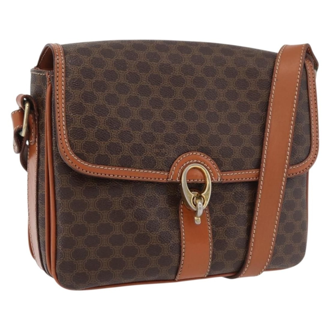 Celine Macadam PVC Leather Shoulder Bag Brown Gold Tone: Celine Macadam PVC Leather Shoulder Bag Brown Gold Tone A brown and gold shoulder bag from Celine in PVC leather and Macadam canvas. It is made in Italy and measures approximately 23 cm W x 17 cm H x 
