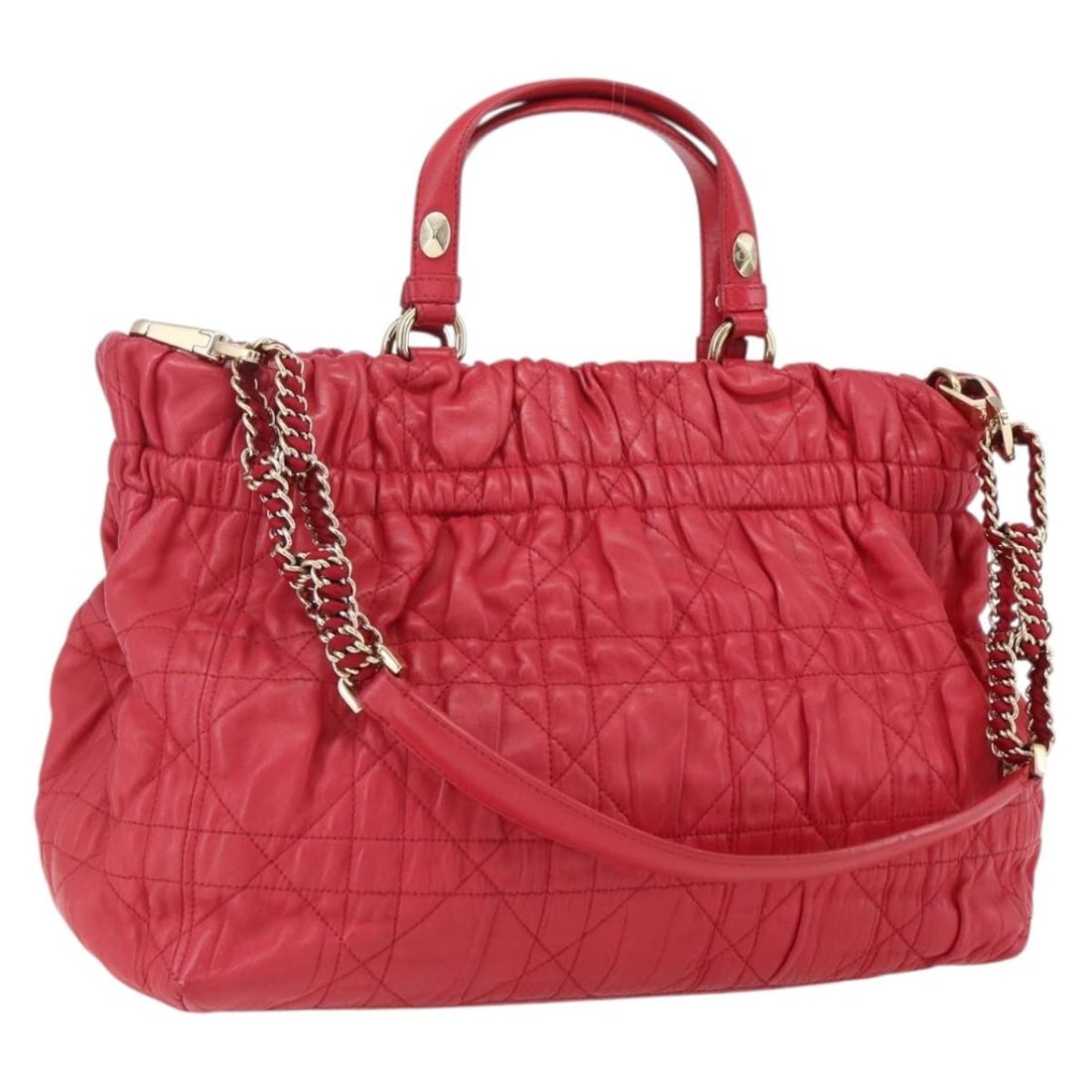 Leather Christian Dior Red Hand Bag with Gold Accents and Shoulder Strap: Leather Christian Dior Red Hand Bag with Gold Accents and Shoulder Strap This Christian Dior handbag features a red leather exterior with gold-tone accents. Designed as a 2-way bag, it includes a shou