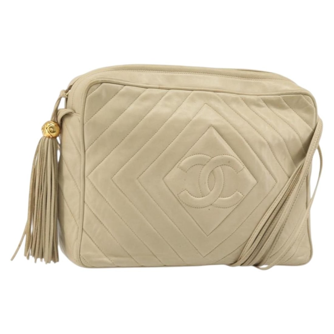 Beige Lambskin CHANEL Shoulder Bag with Gold CC Hardware and Card: Beige Lambskin CHANEL Shoulder Bag with Gold CC Hardware and Card This CHANEL shoulder bag is crafted from beige lambskin leather and features gold-tone accents. Designed for women, it offers a classi