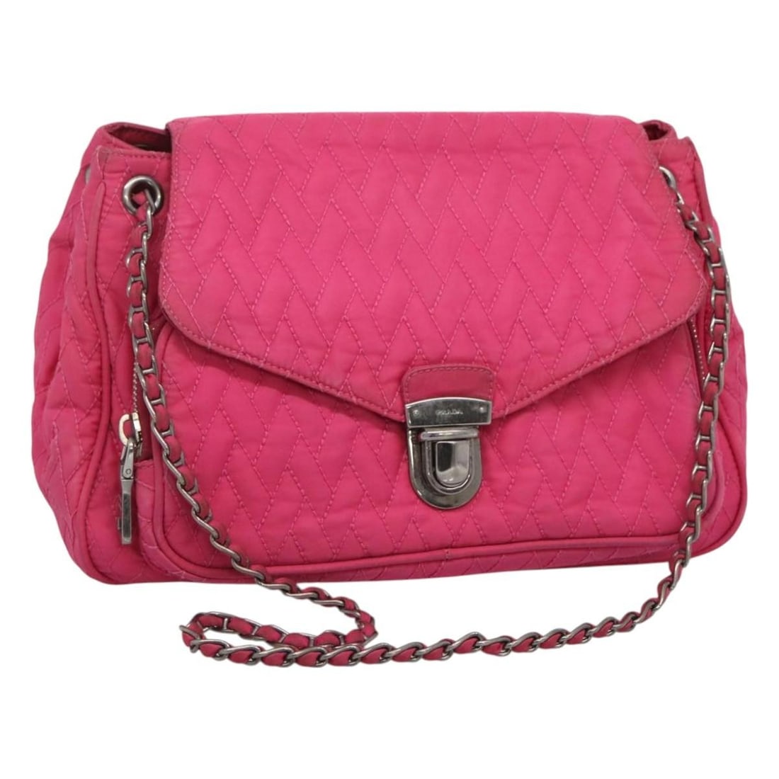 Prada Pink Nylon Shoulder Bag with Chain Strap: Prada Pink Nylon Shoulder Bag with Chain Strap This PRADA chain shoulder bag is crafted from pink nylon and designed for women. It features a classic shoulder bag silhouette with a chain strap and off