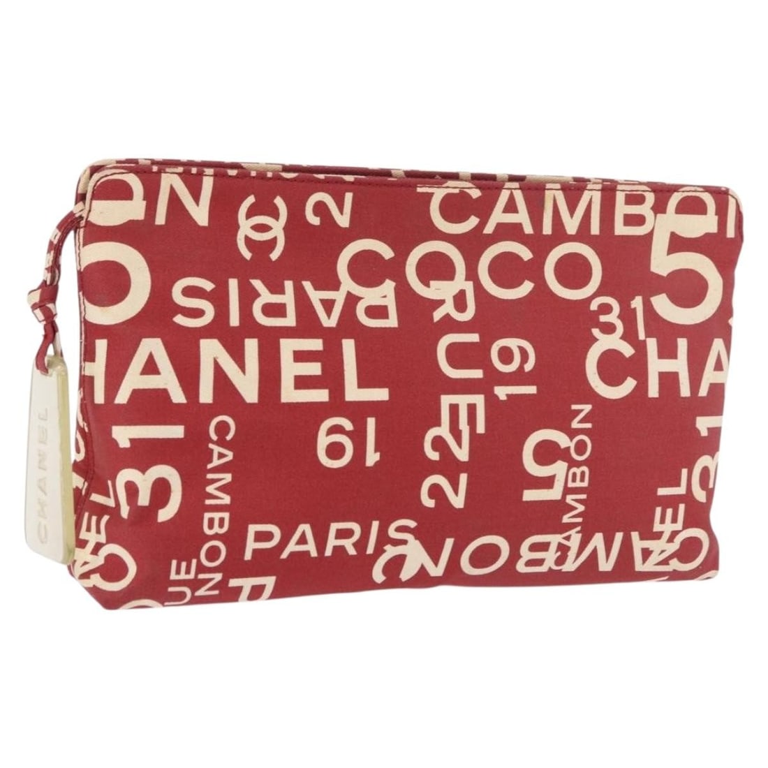 Chanel Bysy Line Red Canvas Pouch with Guarantee Card: Chanel Bysy Line Red Canvas Pouch with Guarantee Card Chanel Bysy Line pouch in red and silver canvas, made in Italy. It comes with a guarantee card and has a heavily used condition with visible shape