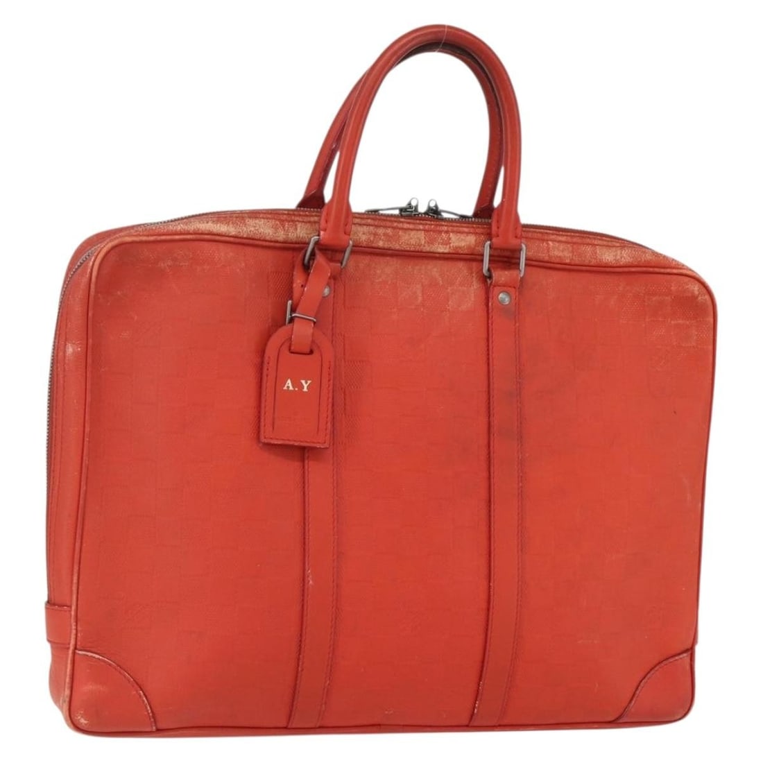 LOUIS VUITTON Damier Infini N41143 Orange Business Bag with Name Tag: LOUIS VUITTON Damier Infini N41143 Orange Business Bag with Name Tag This LOUIS VUITTON Damier Infini Porte Documents Voyage Bag is a stylish accessory designed for business use. Crafted from premium 