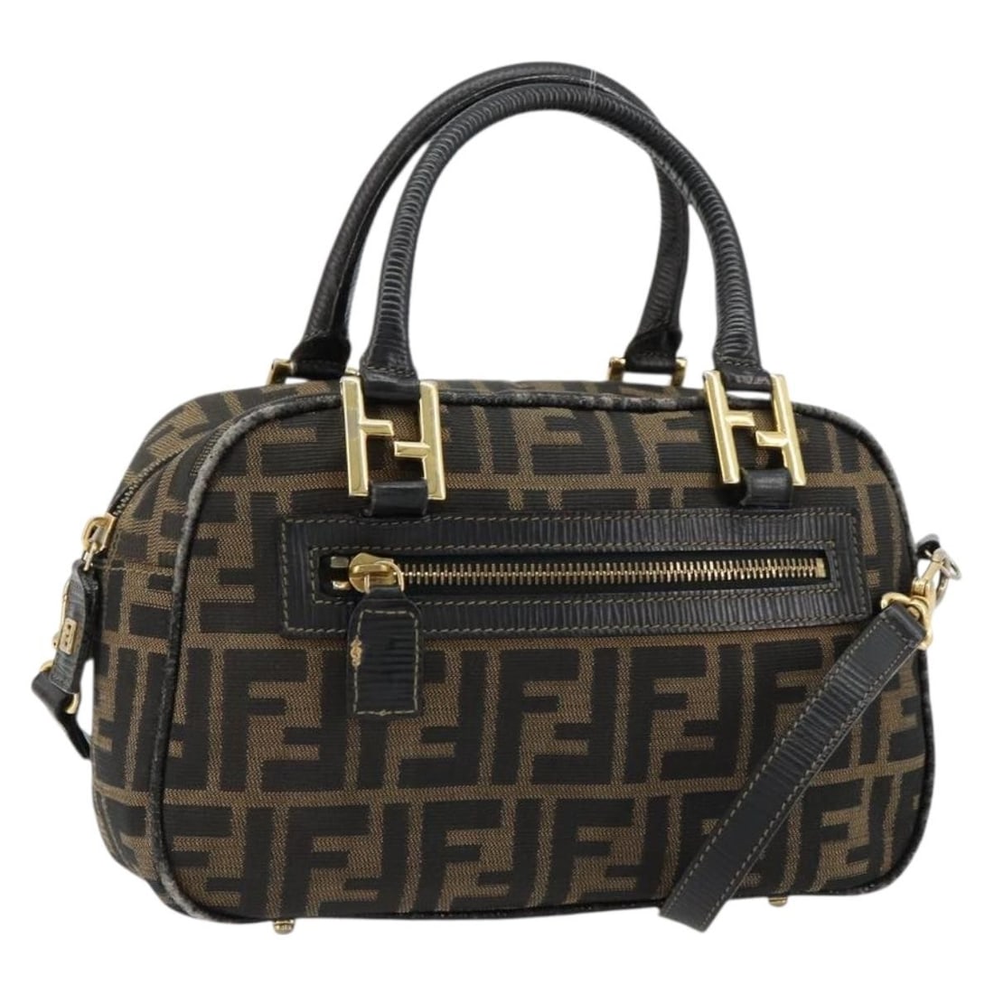 Fendi Zucca Canvas 2way Handbag Black Brown with Shoulder Strap: Fendi Zucca Canvas 2way Handbag Black Brown with Shoulder Strap Fendi Zucca Canvas 2-way handbag in black and brown, made in Italy, with a shoulder strap accessory. The bag is described as heavily use
