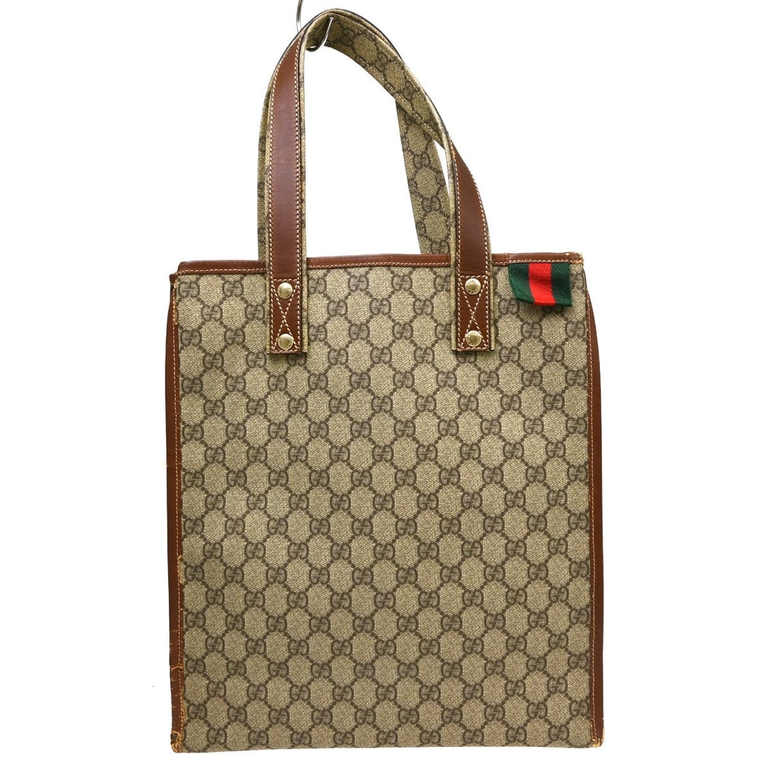 Gucci 211135 001364 GG Sherry Large PVC Leather Tote: Gucci 211135 001364 GG Sherry Large PVC Leather Tote Gucci GG Sherry tote bag in beige and brown with the brand's signature web stripe accents in green and red. Crafted from PVC and leather with doubl