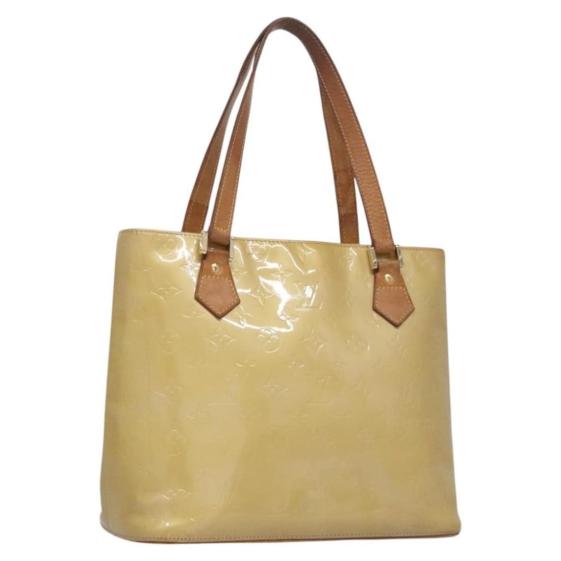 LOUIS VUITTON Monogram Vernis Houston Hand Bag Beige M91004 Spain: LOUIS VUITTON Monogram Vernis Houston Hand Bag Beige M91004 Spain This Louis Vuitton Monogram Vernis Houston Hand Bag in a sophisticated beige hue is crafted from high-quality patent leather, showcasi