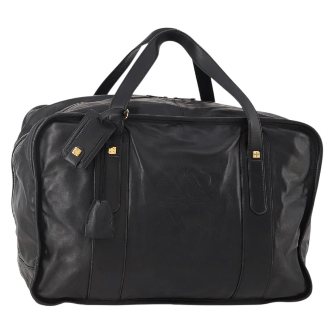LOEWE Anagram leather Boston bag black with gold tone hardware: LOEWE Anagram leather Boston bag black with gold tone hardware This is a LOEWE Anagram Boston Bag in black and gold leather, made in Spain. It includes two keys, a clochette, and a name tag. The bag i