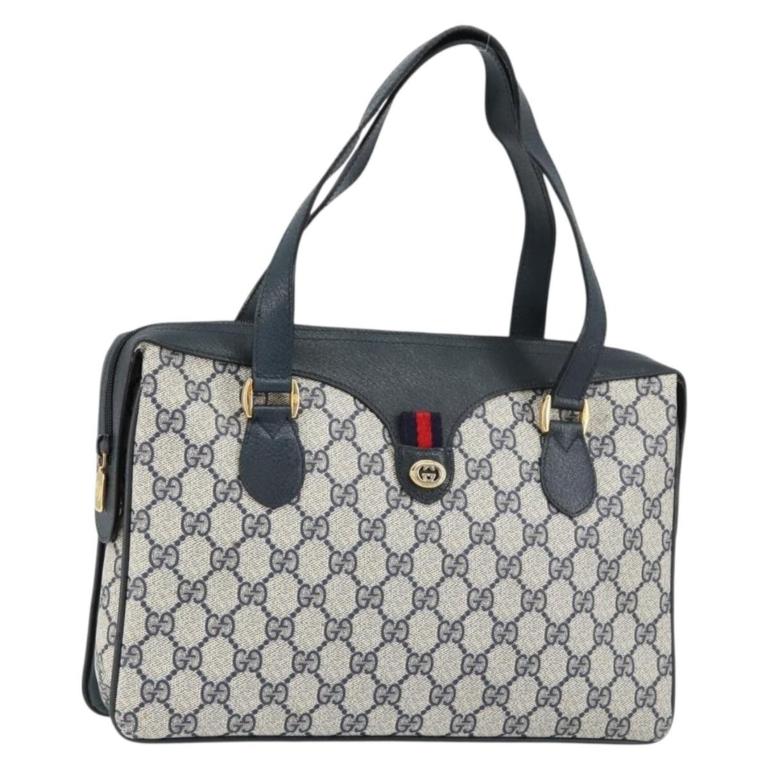 Gucci Sherry Line GG Supreme PVC Handbag Navy Red Italy: Gucci Sherry Line GG Supreme PVC Handbag Navy Red Italy This Gucci Sherry Line handbag is crafted from PVC leather/GG canvas in a navy and red colorway. It features a structured hand bag style with a 