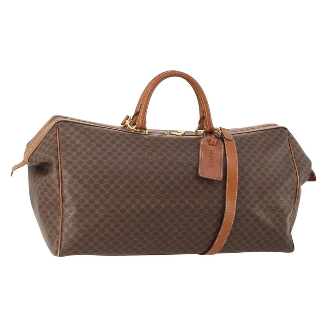 CELINE Macadam 2way Boston Bag Brown PVC Leather with Strap: CELINE Macadam 2way Boston Bag Brown PVC Leather with Strap A CELINE Boston bag in brown and gold, crafted from PVC leather and Macadam canvas. This 2-way bag comes with a shoulder strap, clochette, a