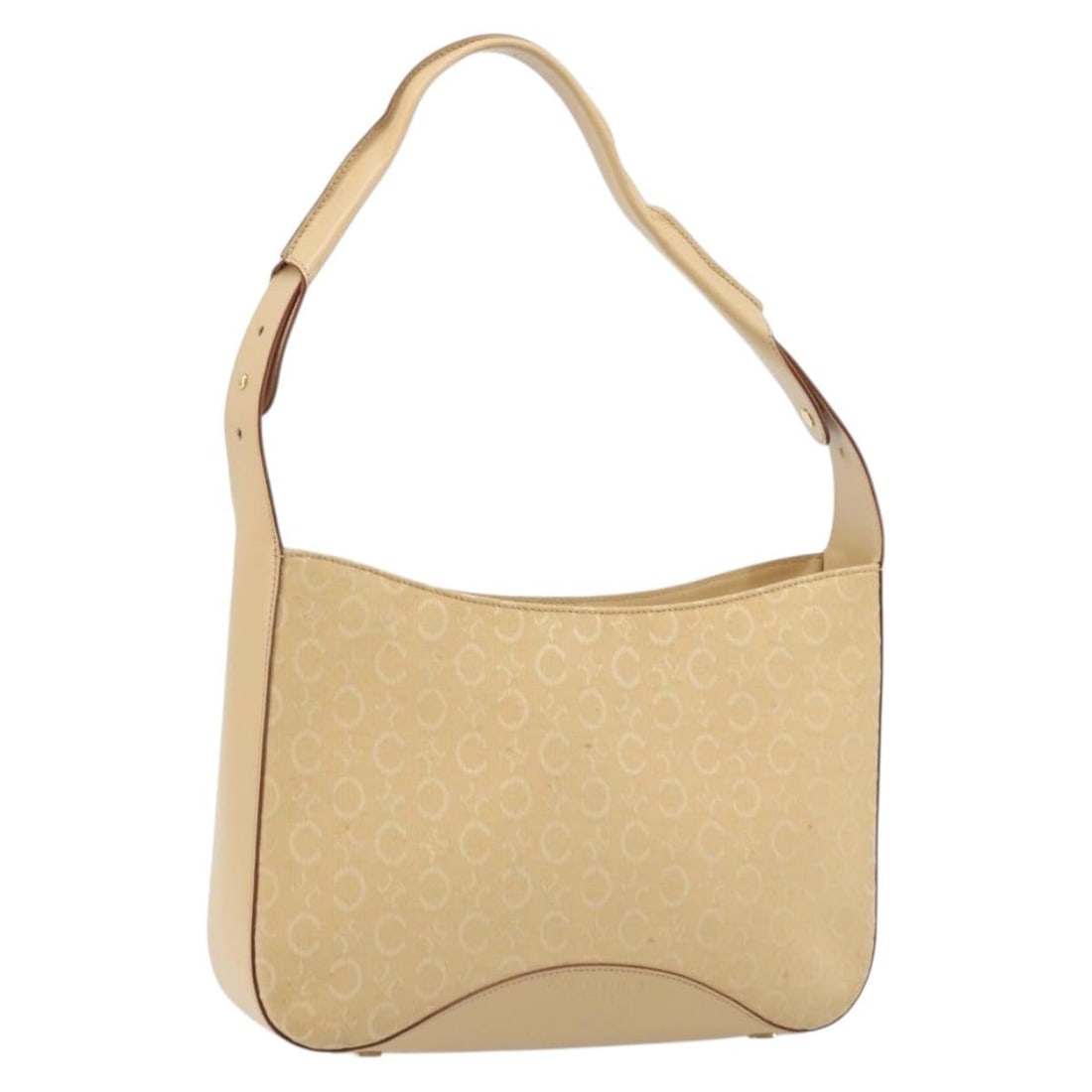 CELINE Macadam Canvas Shoulder Bag Beige Gold Tone Italy: CELINE Macadam Canvas Shoulder Bag Beige Gold Tone Italy CELINE shoulder bag in C Macadam canvas with a beige and gold color scheme. Made in Italy, this women's bag measures approximately 32 cm wide, 
