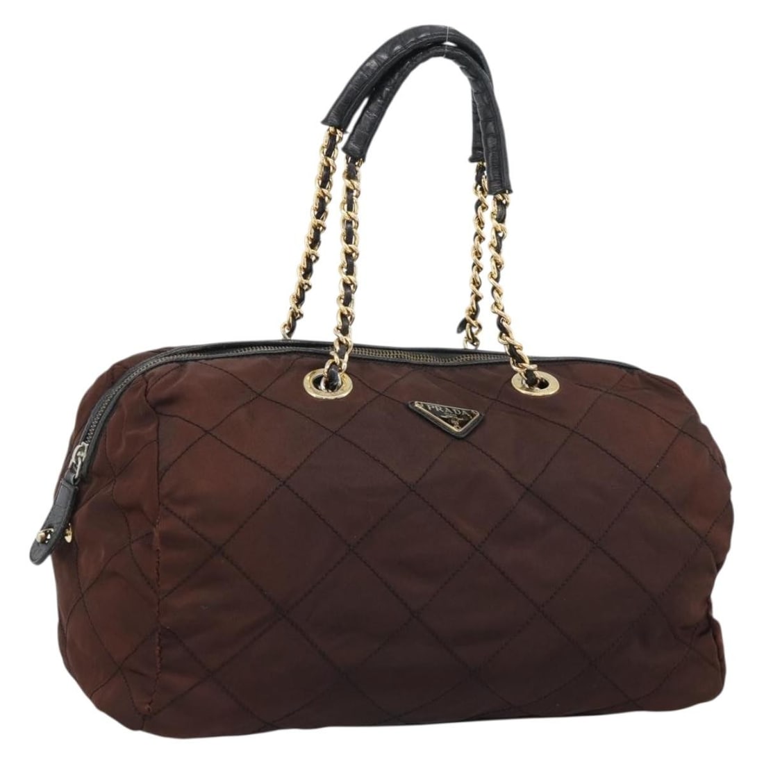 PRADA Brown Nylon Boston Bag with Gold Chain Handles: PRADA Brown Nylon Boston Bag with Gold Chain Handles Authentic Prada Boston bag in brown nylon with gold-tone chain detailing. Made in Italy, this women's bag shows heavy use with visible wear through