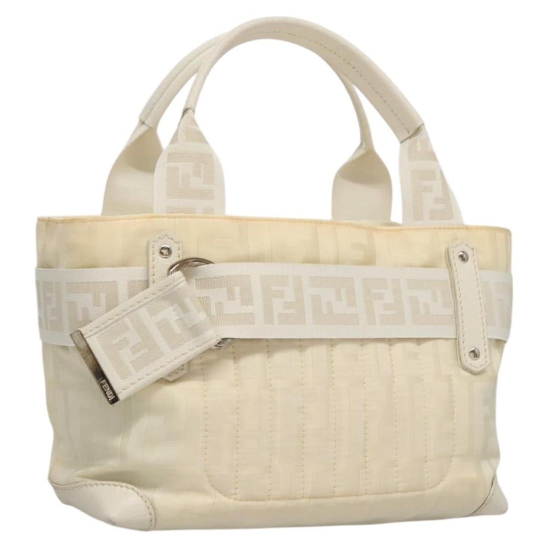 Fendi White Nylon Handbag with Silver Accents Italy: Fendi White Nylon Handbag with Silver Accents Italy This FENDI women's handbag features a white and silver exterior crafted from nylon and Zucca canvas. Made in Italy, the bag has a top handle design 