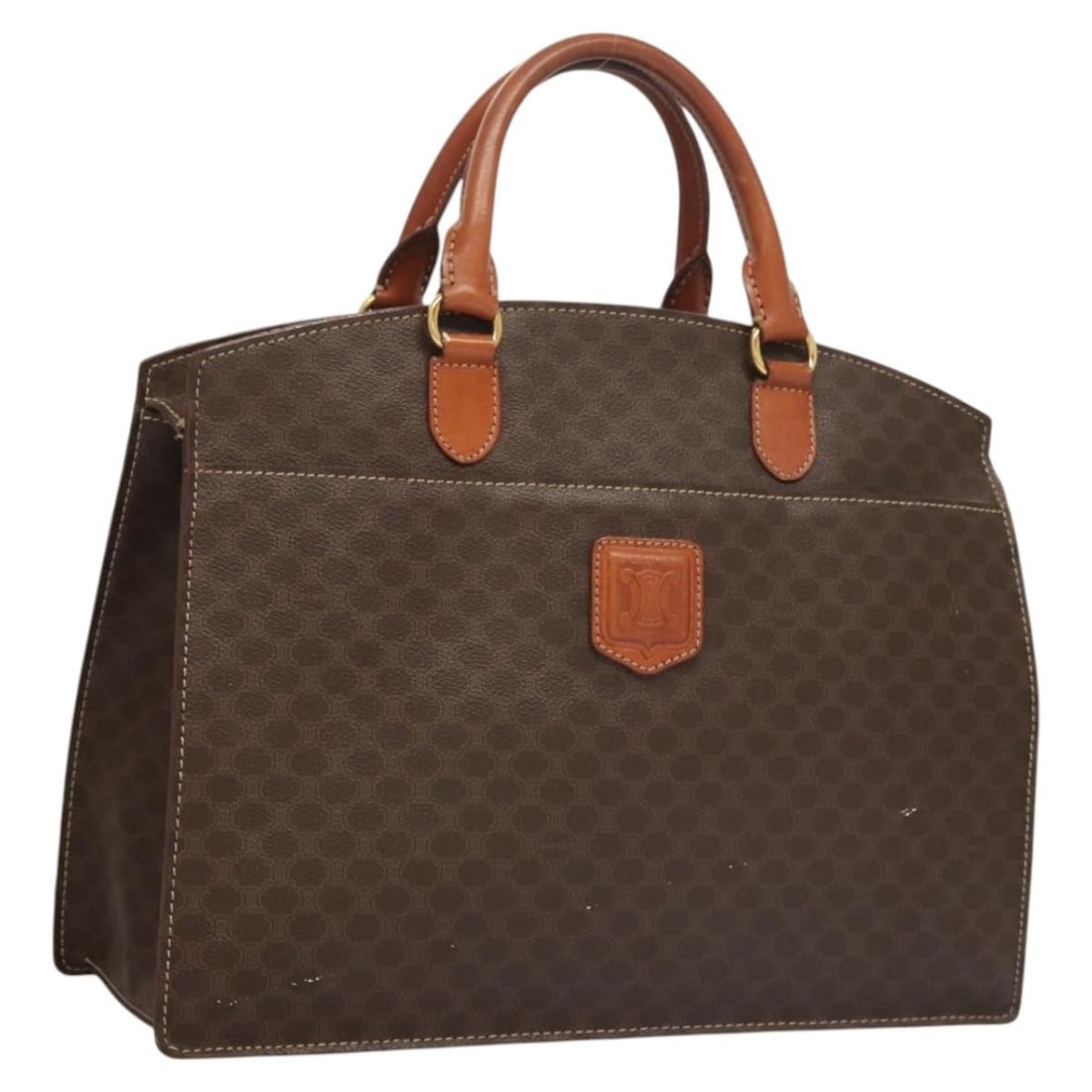 Celine Macadam Brown PVC Leather Handbag Gold Accents Italy: Celine Macadam Brown PVC Leather Handbag Gold Accents Italy This CELINE Macadam Canvas hand bag features a combination of PVC leather and Macadam canvas in brown and gold tones. Designed for women, th