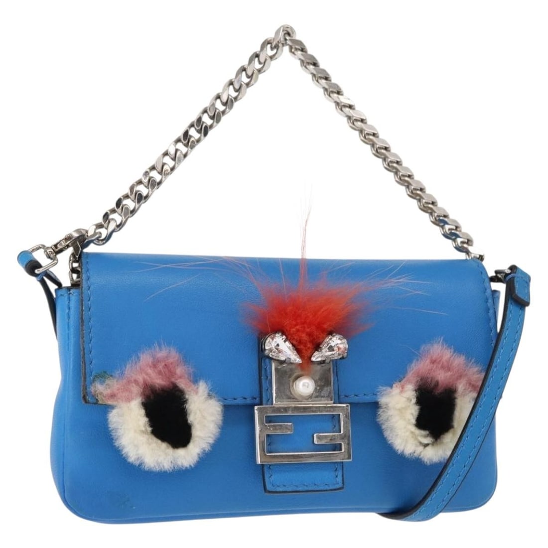 FENDI Micro Bucket Monster Leather Shoulder Bag Blue Silver Auth: FENDI Micro Bucket Monster Leather Shoulder Bag Blue Silver Auth Introducing the FENDI Micro Bucket Monster Shoulder Bag, a stylish blend of luxury and functionality. This authentic shoulder bag is cr