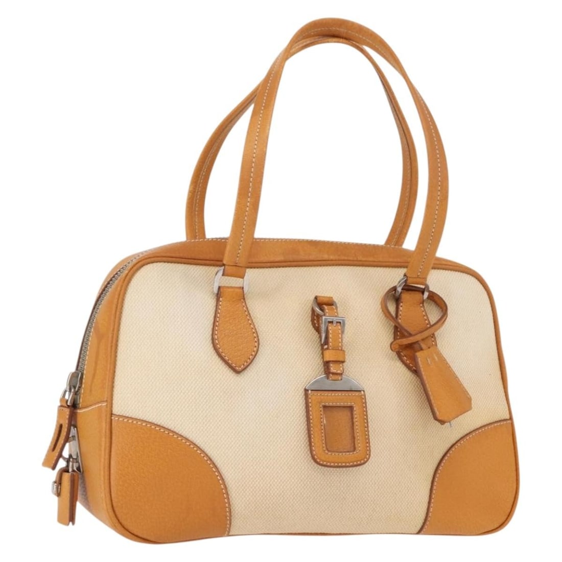 PRADA Canvas Boston Bag Beige Silver with Padlock Key Card: PRADA Canvas Boston Bag Beige Silver with Padlock Key Card A Prada Boston bag in beige canvas with silver-tone accents. It is made in Italy and comes with the listed accessories: padlock, key, clochet