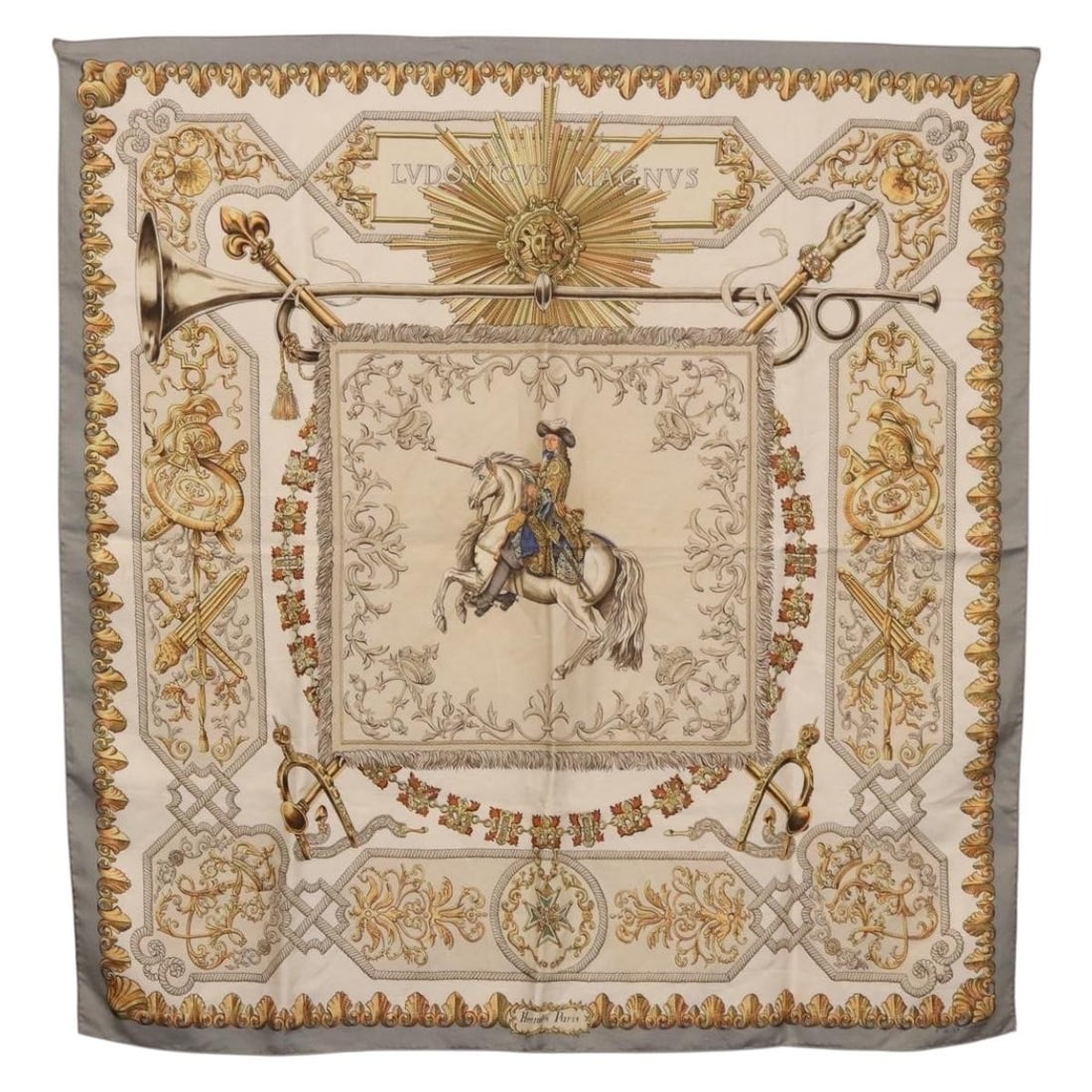 Hermes LVDOVICVS MAGNVS Gray Silk Carre 90 Scarf: Hermes LVDOVICVS MAGNVS Gray Silk Carre 90 Scarf Hermes Carre 90 silk scarf in gray, featuring the "LVDOVICVS MAGNVS" design. It measures approximately 90 cm x 90 cm and is made in France. The item is