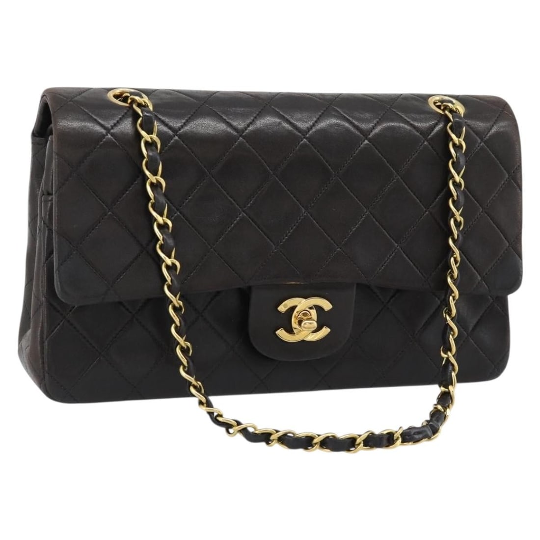 CHANEL Matelasse 25 Lamb Skin Shoulder Bag Black Gold CC: CHANEL Matelasse 25 Lamb Skin Shoulder Bag Black Gold CC CHANEL Matelasse 25 Chain Shoulder Bag in black lamb skin with gold-tone exterior details. This women's shoulder bag was made in France and com