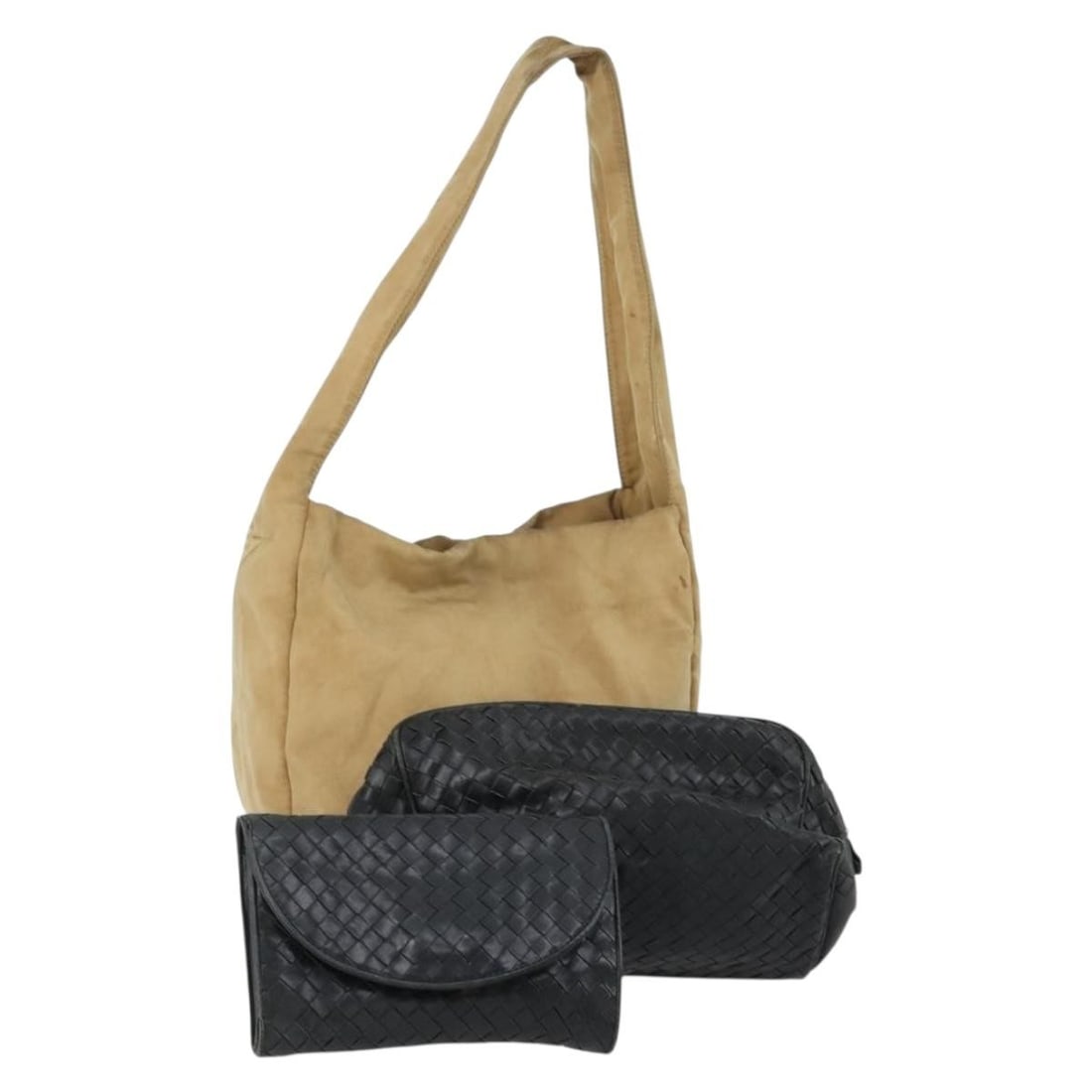 Bottega Veneta Intrecciato leather shoulder bag 3 piece beige black: Bottega Veneta Intrecciato leather shoulder bag 3 piece beige black A Bottega Veneta Intrecciato shoulder bag set in beige and black, made in Italy. The item is described as leather with nylon in the 
