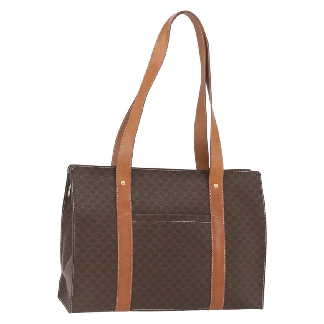 CELINE Macadam Canvas PVC Leather Tote Bag Brown Gold Italy: CELINE Macadam Canvas PVC Leather Tote Bag Brown Gold Italy This CELINE Macadam tote bag features a classic brown and gold design crafted from PVC leather and Macadam canvas. Made in Italy, the bag of