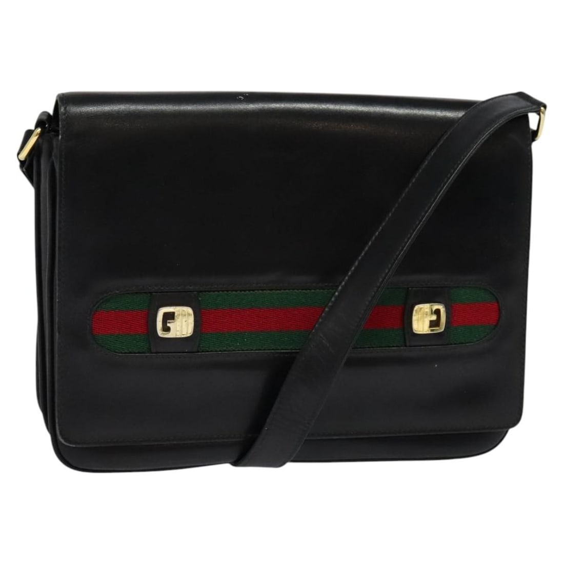 GUCCI Sherry Web Leather Shoulder Bag Black Gold Tone: GUCCI Sherry Web Leather Shoulder Bag Black Gold Tone Gucci Web Sherry Line shoulder bag in black and gold leather, made in Italy. This women's bag features a shoulder strap with an approximate drop o