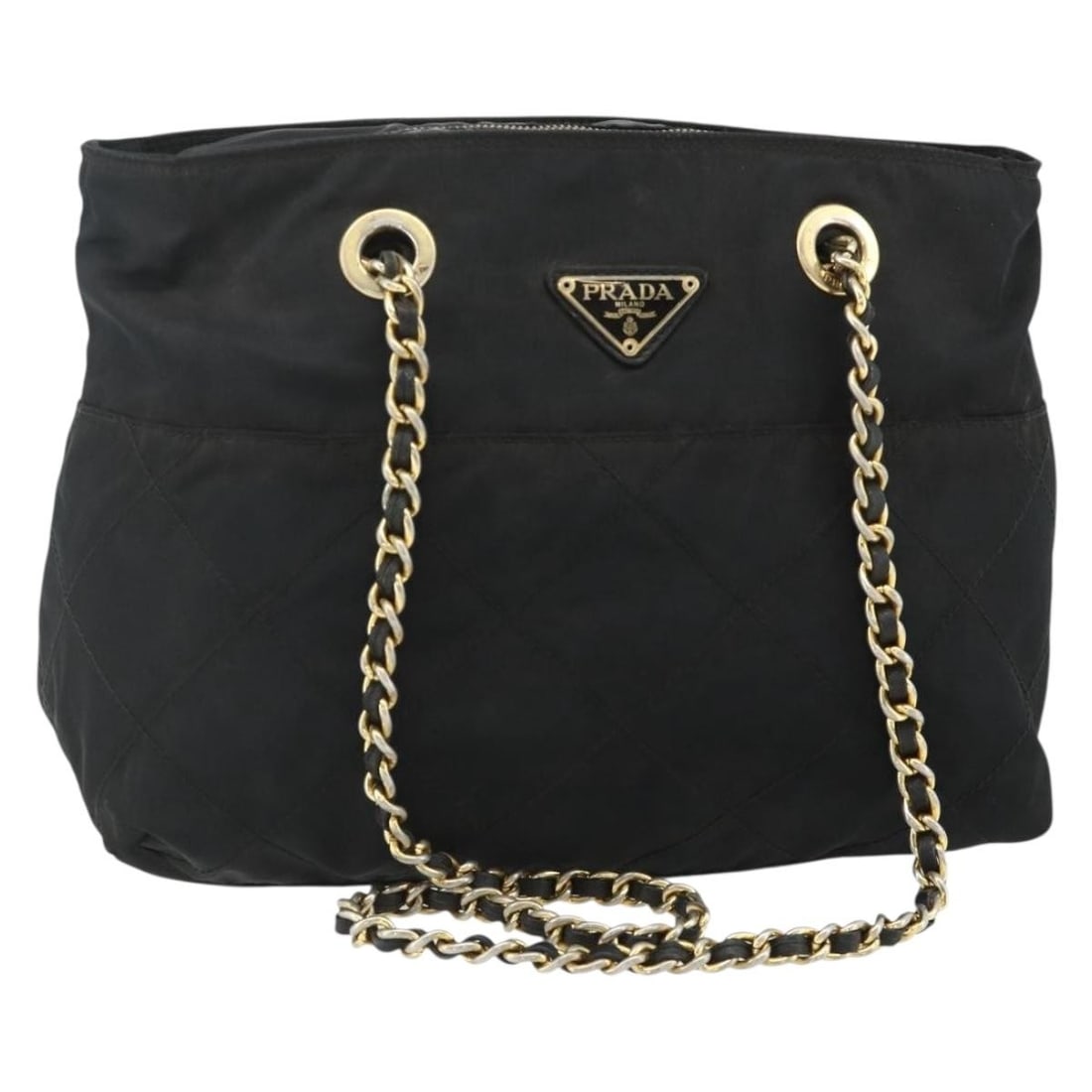 Prada nylon black gold tote bag Italy 11.8 inch: Prada nylon black gold tote bag Italy 11.8 inch This PRADA chain tote bag is crafted from black nylon with gold-tone accents. Designed for women, it features a spacious interior and a comfortable hand