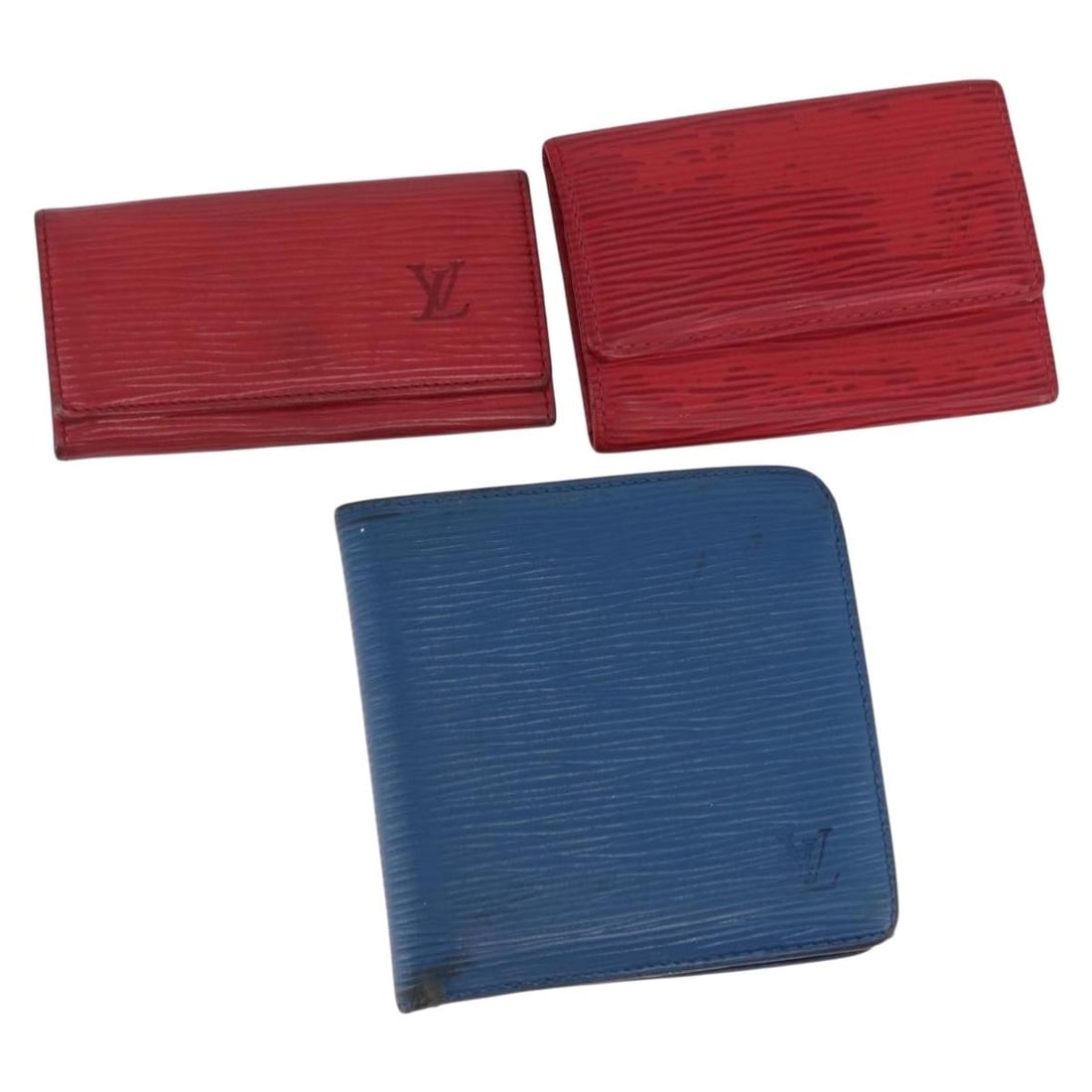 3 Louis Vuitton Epi Leather Wallets Red Blue France: 3 Louis Vuitton Epi Leather Wallets Red Blue France Set of three Louis Vuitton wallets in red and blue Epi leather, made in France. This bundle includes only the items shown in the photo; item box and