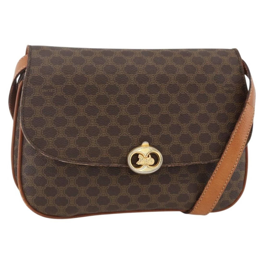 Celine Macadam PVC Leather Shoulder Bag Brown Gold Tone: Celine Macadam PVC Leather Shoulder Bag Brown Gold Tone Celine Macadam canvas shoulder bag in brown and gold, made in Italy. It is crafted from PVC leather and Macadam canvas and measures approximatel