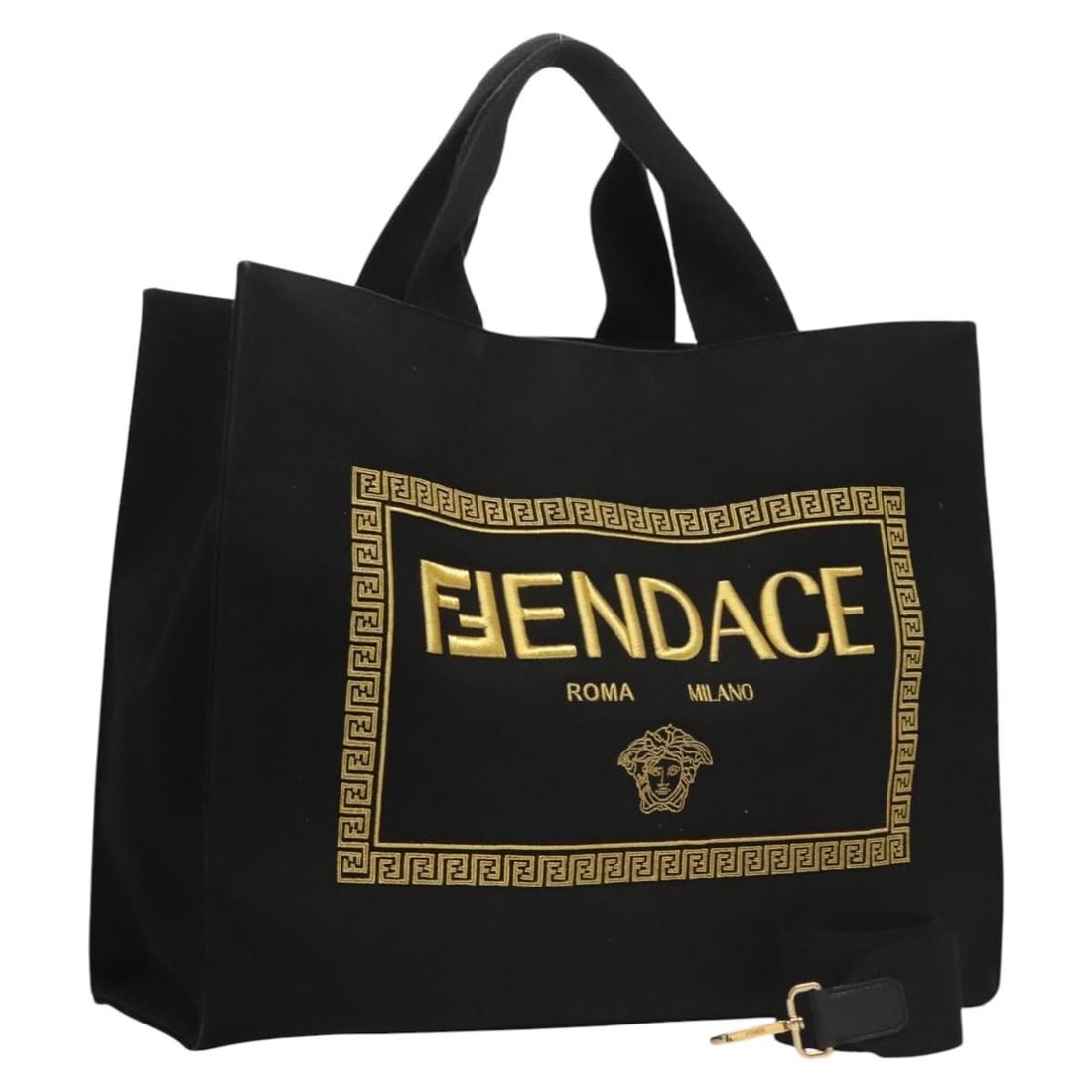 Fendi Versace Black Canvas Tote Bag With Shoulder Strap And Dust Bag: Fendi Versace Black Canvas Tote Bag With Shoulder Strap And Dust Bag This FENDI x Versace collaboration Fenderche tote bag is crafted from black canvas and features a versatile 2-way design. It comes 