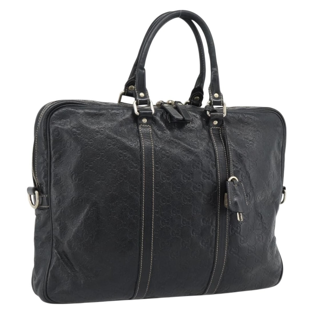 Gucci 201480 Guccissima 2way business bag black leather GG canvas: Gucci 201480 Guccissima 2way business bag black leather GG canvas Gucci 2way bag in black and gold, made in Italy from leather and GG canvas. This business bag features a padlock, two keys, and a cloc