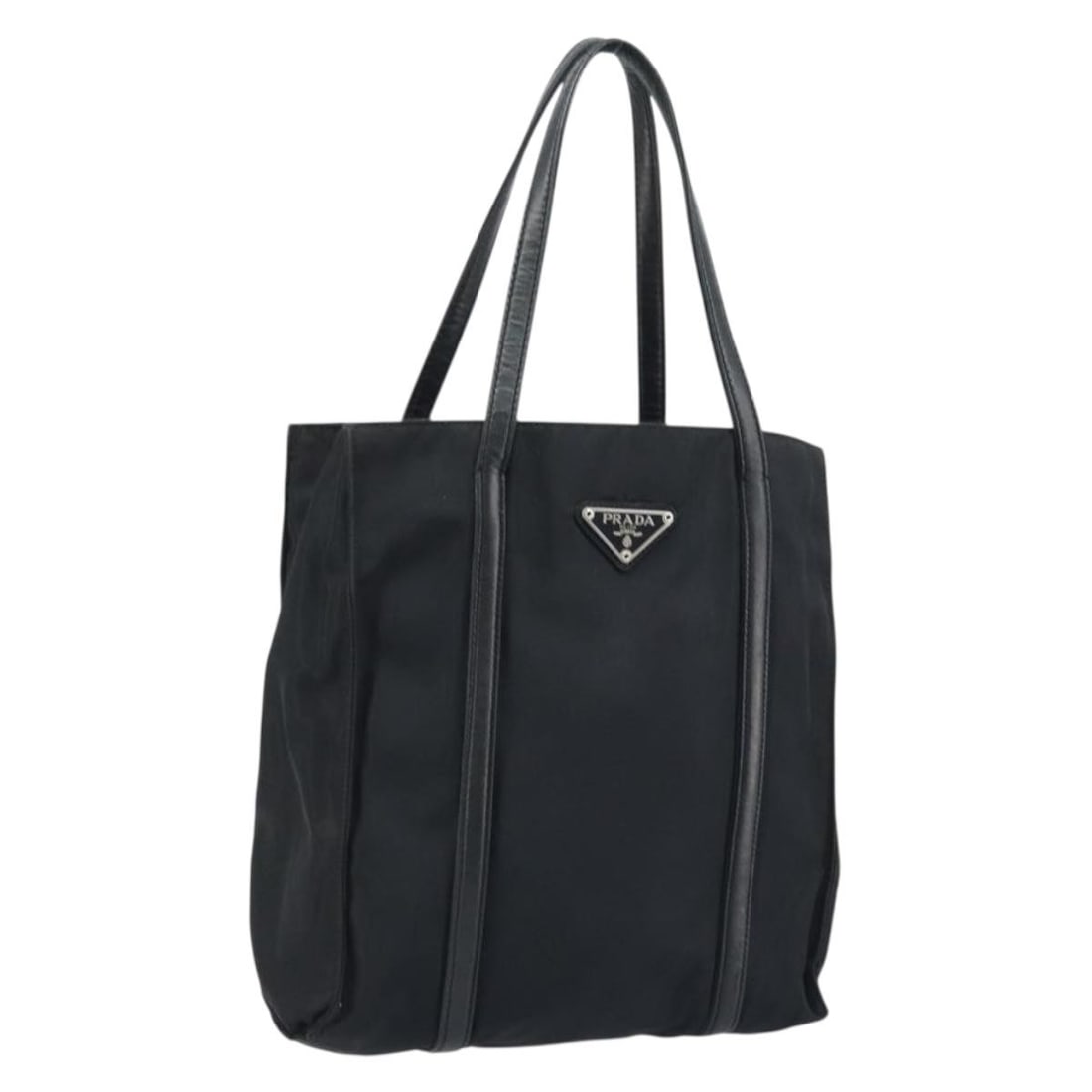 PRADA Black Nylon Hand Bag with Guarantee Card Silver Tone: PRADA Black Nylon Hand Bag with Guarantee Card Silver Tone PRADA hand bag in black and silver nylon, made in Italy, designed for women. It comes with a guarantee card and shows heavy use, with noted s
