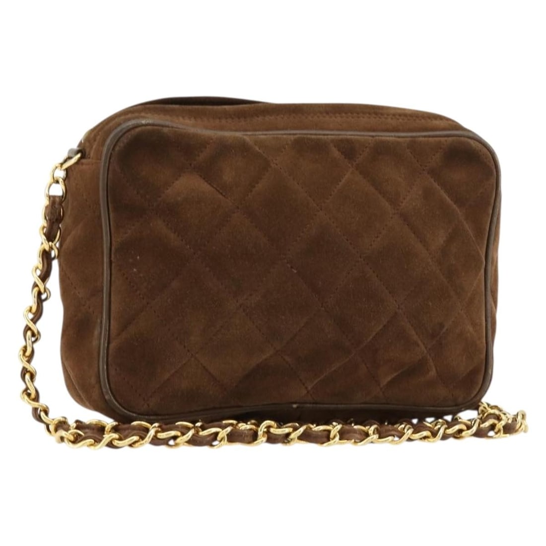 Chanel Matelasse Suede Shoulder Bag Brown Gold CC Auth: Chanel Matelasse Suede Shoulder Bag Brown Gold CC Auth A CHANEL Matelasse chain shoulder bag in brown suede with gold-tone CC hardware. The bag measures approximately W18 x H12 x D5 cm with a shoulder