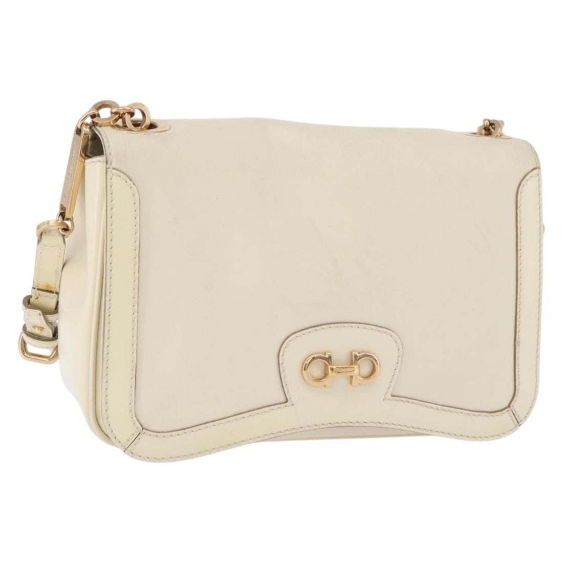 Salvatore Ferragamo Gancini White Gold Leather Shoulder Bag: Salvatore Ferragamo Gancini White Gold Leather Shoulder Bag This Salvatore Ferragamo Gancini shoulder bag is crafted from white and gold leather and features the iconic Gancini design. Made in Italy, 