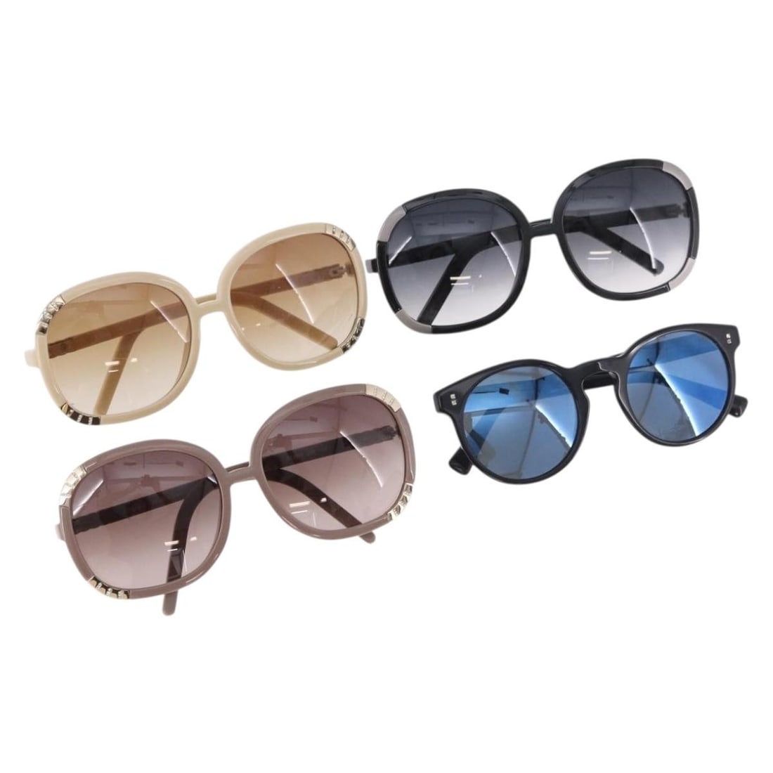 4 Piece Valentino Chloe Plastic Sunglasses Set with Case: 4 Piece Valentino Chloe Plastic Sunglasses Set with Case Valentino sunglasses set in black, beige, and brown plastic. The listing includes a sunglass case. Condition is rated C and described as heavil