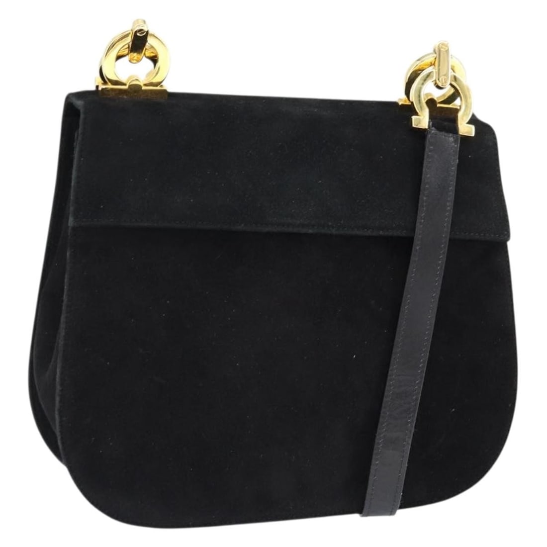 Salvatore Ferragamo Gancini Black Gold Suede Shoulder Bag Authentic: Salvatore Ferragamo Gancini Black Gold Suede Shoulder Bag Authentic This Salvatore Ferragamo Gancini Shoulder Bag showcases elegant craftsmanship with its black suede exterior accented by gold