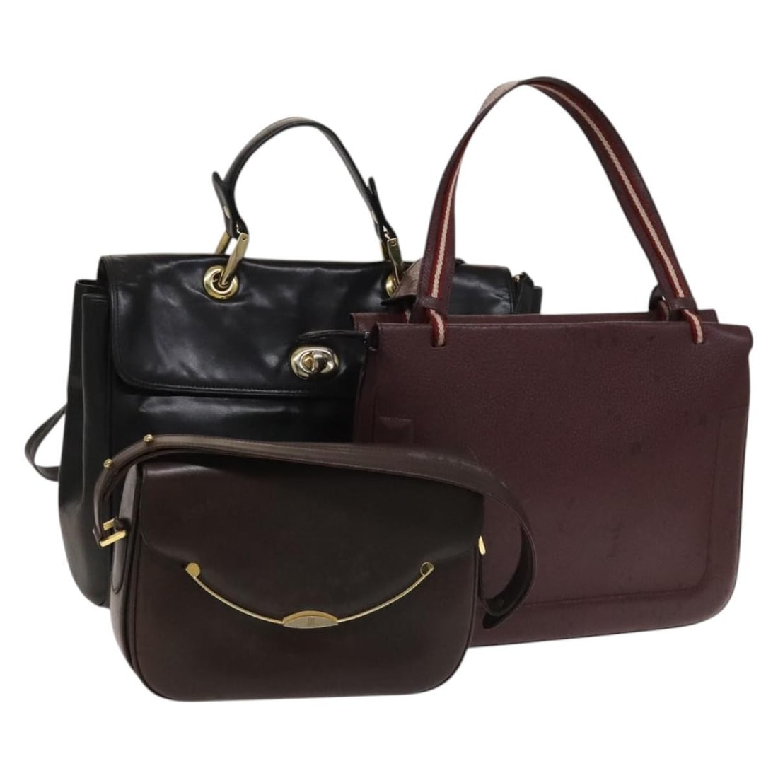 BALLY Leather Shoulder Bag Set of 3 Bordeaux Black Authentic BA4827: BALLY Leather Shoulder Bag Set of 3 Bordeaux Black Authentic BA4827 This BALLY shoulder bag set features a striking bordeaux and black leather exterior, showcasing the exquisite craftsmanship