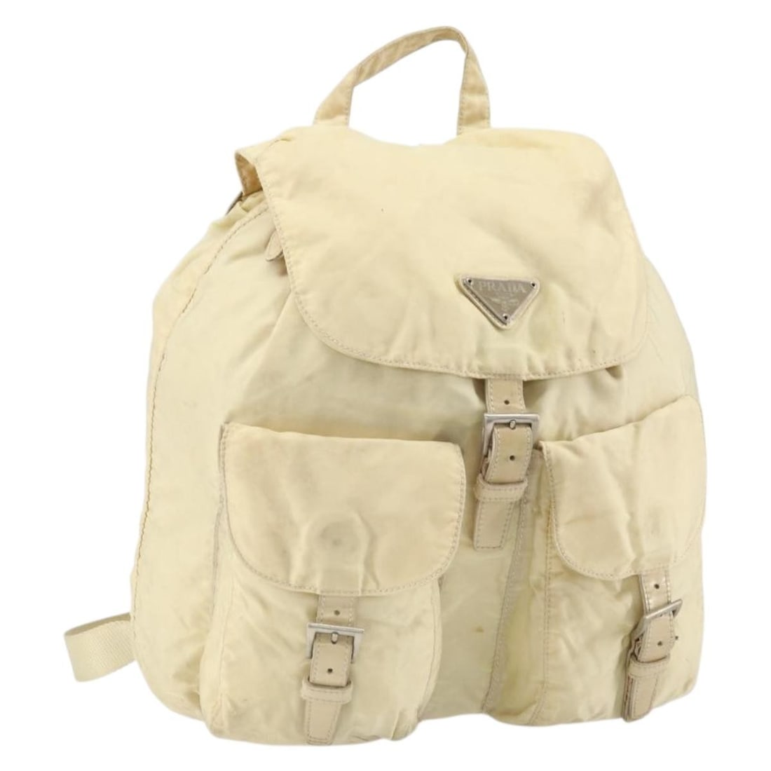 Prada Ivory Nylon Women's Backpack with Silver Accents Italy: Prada Ivory Nylon Women's Backpack with Silver Accents Italy This PRADA backpack is crafted from ivory nylon with silver-tone accents. Designed for women, it features a spacious main compartment and a