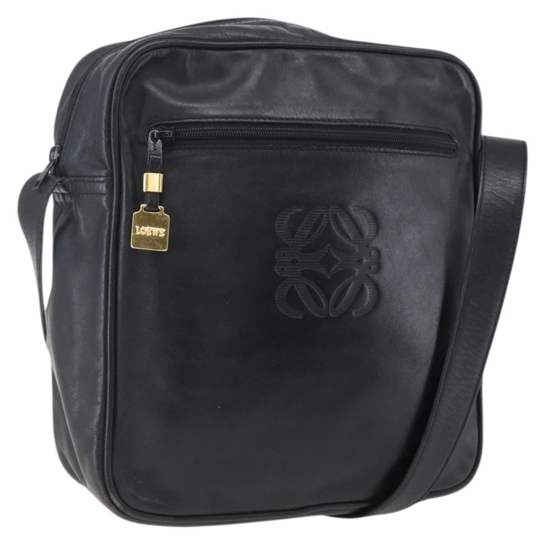 Leather Anagram Shoulder Bag by LOEWE in Black and Gold: Leather Anagram Shoulder Bag by LOEWE in Black and Gold This LOEWE Anagram shoulder bag features a classic black and gold color combination and is crafted from leather. The bag offers a practical shou