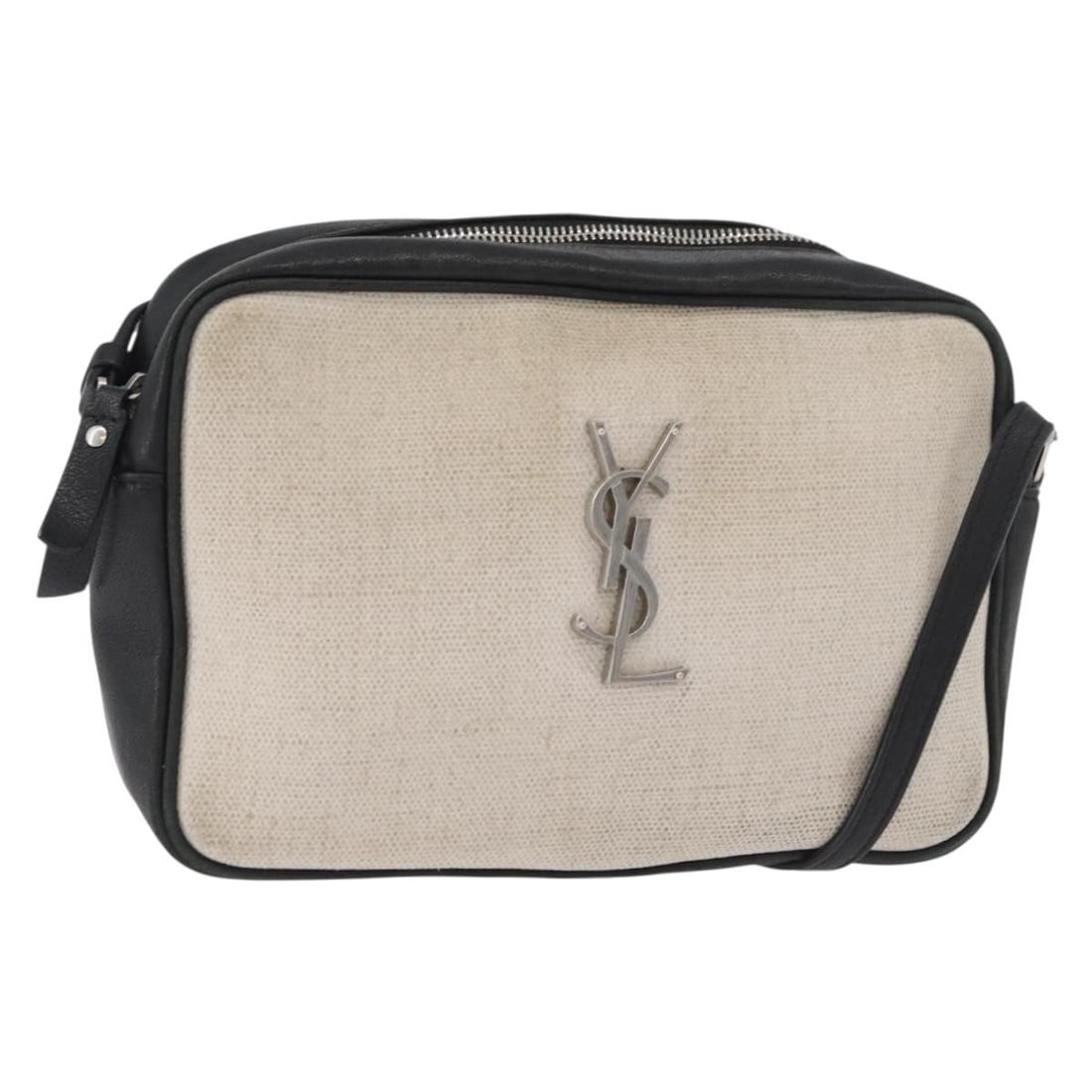 SAINT LAURENT coated canvas shoulder bag in silver beige: SAINT LAURENT coated canvas shoulder bag in silver beige Saint Laurent shoulder bag in silver and beige coated canvas. Made in Italy, this women's bag features a shoulder strap and is offered without 
