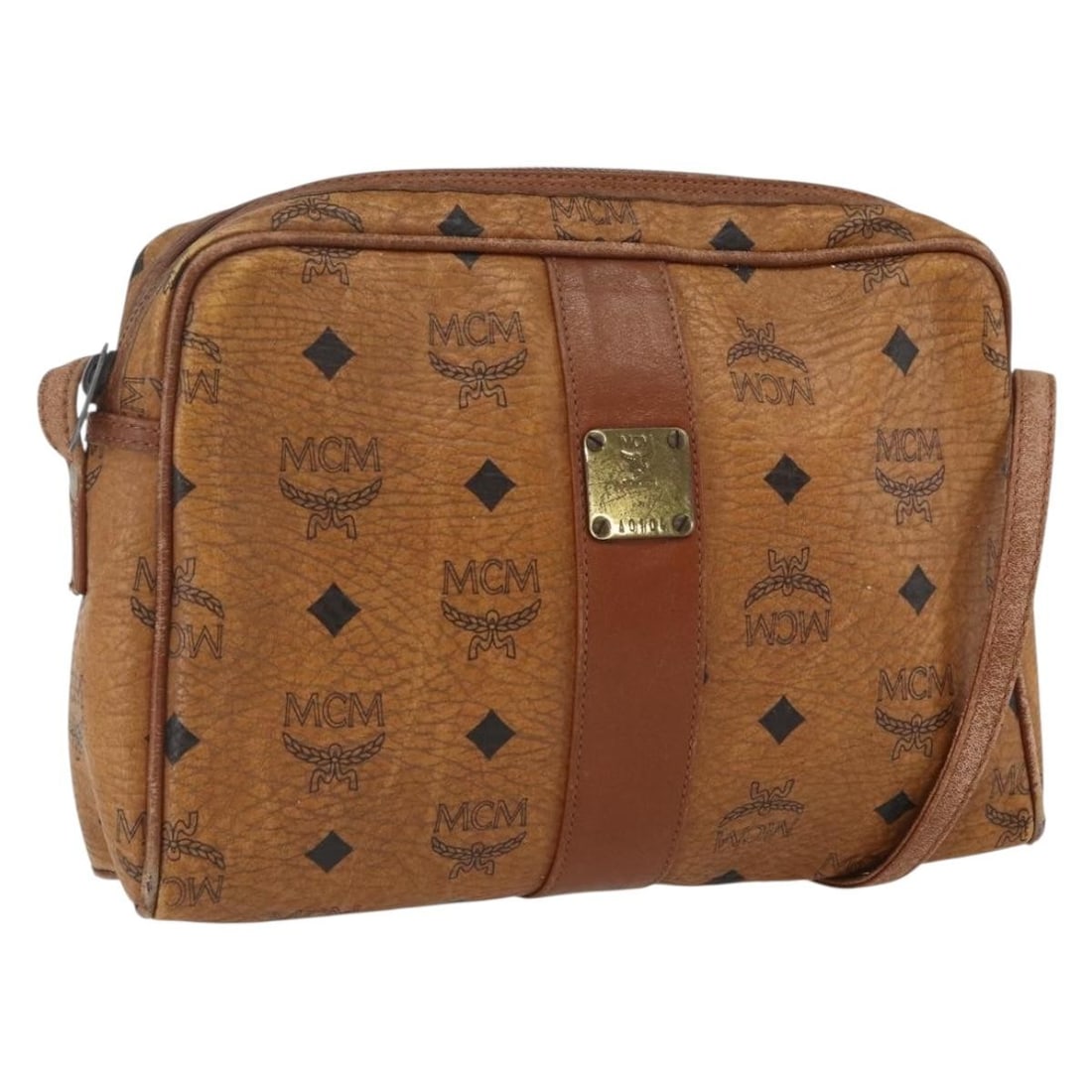 MCM Brown PVC Leather Logogram Vicetos Shoulder Bag Gold Details: MCM Brown PVC Leather Logogram Vicetos Shoulder Bag Gold Details This MCM shoulder bag features the brand's signature logogram design in brown and gold PVC leather. The bag includes an adjustable shou