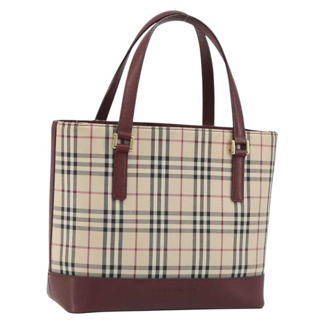 Burberry Nova Check Canvas Handbag Beige Gold Tone: Burberry Nova Check Canvas Handbag Beige Gold Tone A Burberry Nova Check canvas handbag in beige and gold. The bag is described as heavily used and shows visible wear, including shape loss, rubbing, s