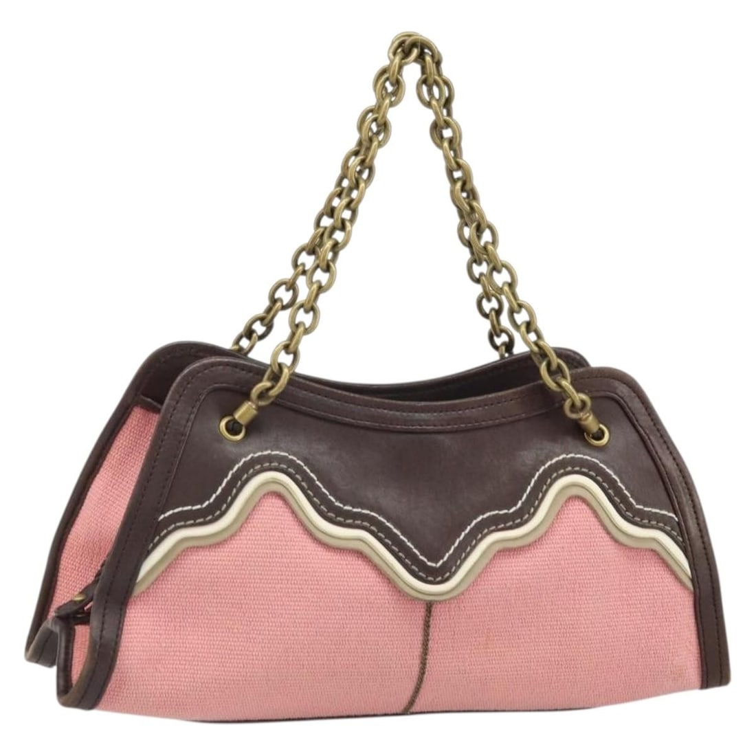 Pink Gold Canvas Handbag by Bottega Veneta 169980 with Dust Bag: Pink Gold Canvas Handbag by Bottega Veneta 169980 with Dust Bag This Bottega Veneta chain hand bag features a pink and gold canvas exterior with a structured silhouette. It includes a handle with a 6.