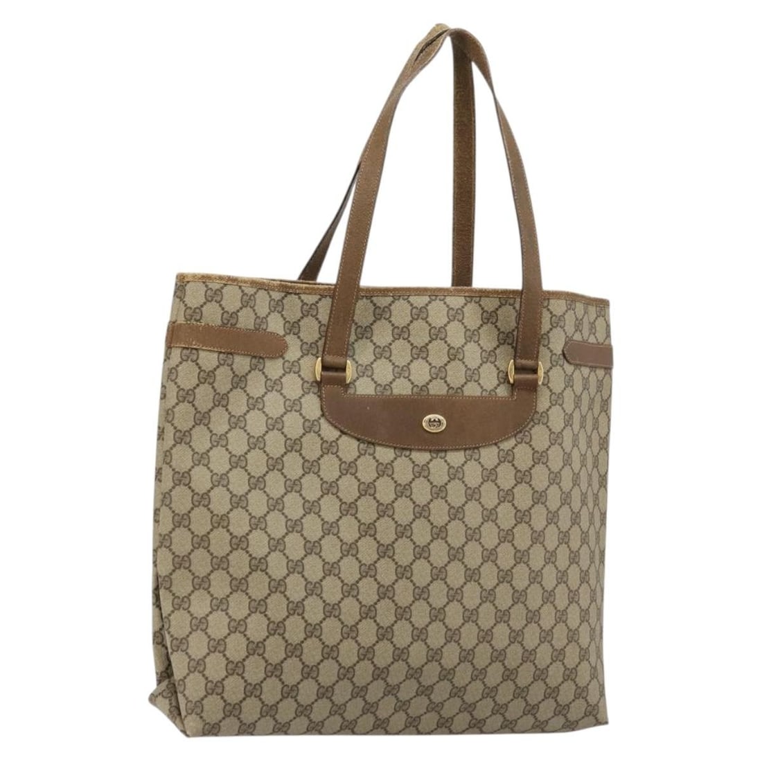 Gucci 39 02 061 GG Supreme PVC Leather Tote Beige Gold: Gucci 39 02 061 GG Supreme PVC Leather Tote Beige Gold A Gucci GG Supreme tote bag in beige and gold, made in Italy. The bag is crafted from PVC leather and GG canvas, with a tote bag style and a wome