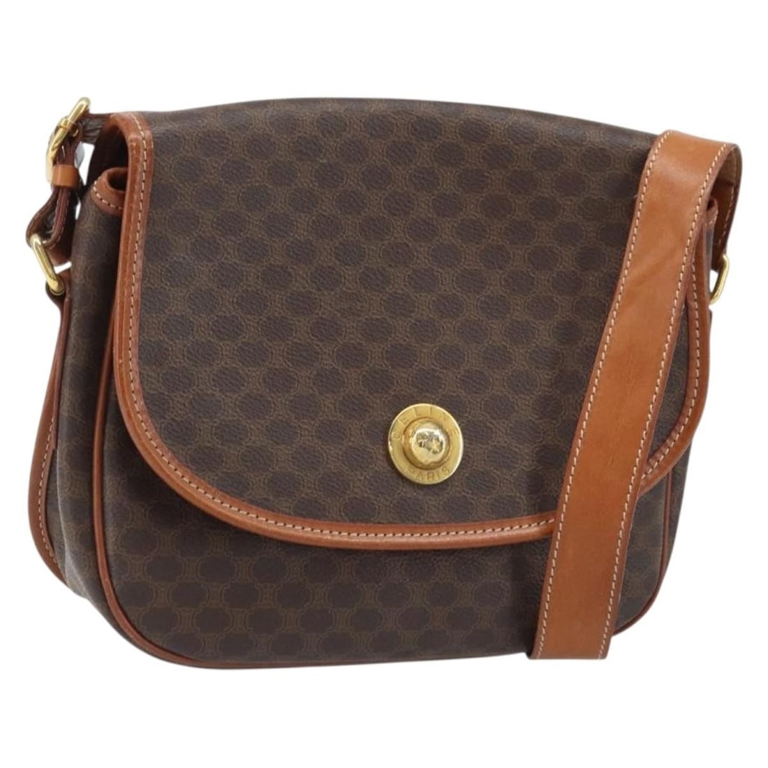 CELINE Star Ball Macadam Canvas Shoulder Bag Brown Gold PVC Leather: CELINE Star Ball Macadam Canvas Shoulder Bag Brown Gold PVC Leather Celine shoulder bag in Macadam canvas with PVC leather trim, finished in brown with gold-tone accents. Made in Italy, this women's b