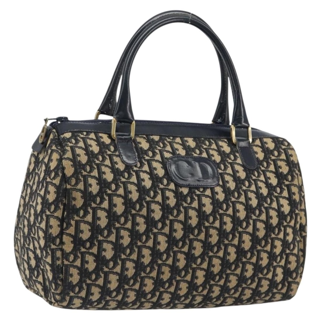 Christian Dior Mini Boston Bag in Navy Trotter Canvas Gold Tone: Christian Dior Mini Boston Bag in Navy Trotter Canvas Gold Tone A Christian Dior Trotter Canvas Mini Boston Bag in navy with gold-tone accents. This Boston bag is made in France and comes with only th