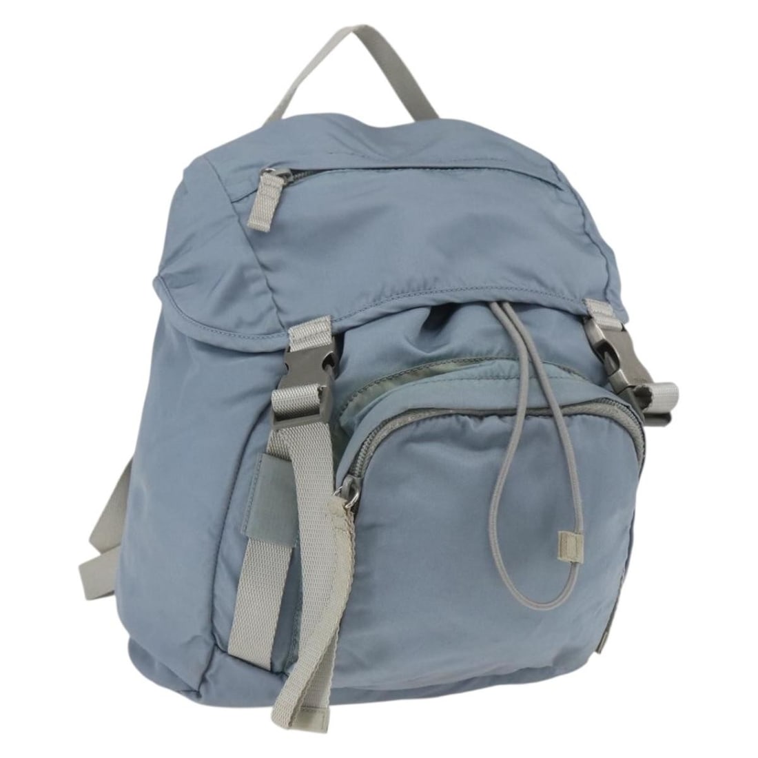 PRADA Nylon Backpack in Light Blue with Silver Tone: PRADA Nylon Backpack in Light Blue with Silver Tone Prada nylon backpack in light blue with silver-tone accents. Made in Italy, this women's backpack is offered without the original box or dust bag; o